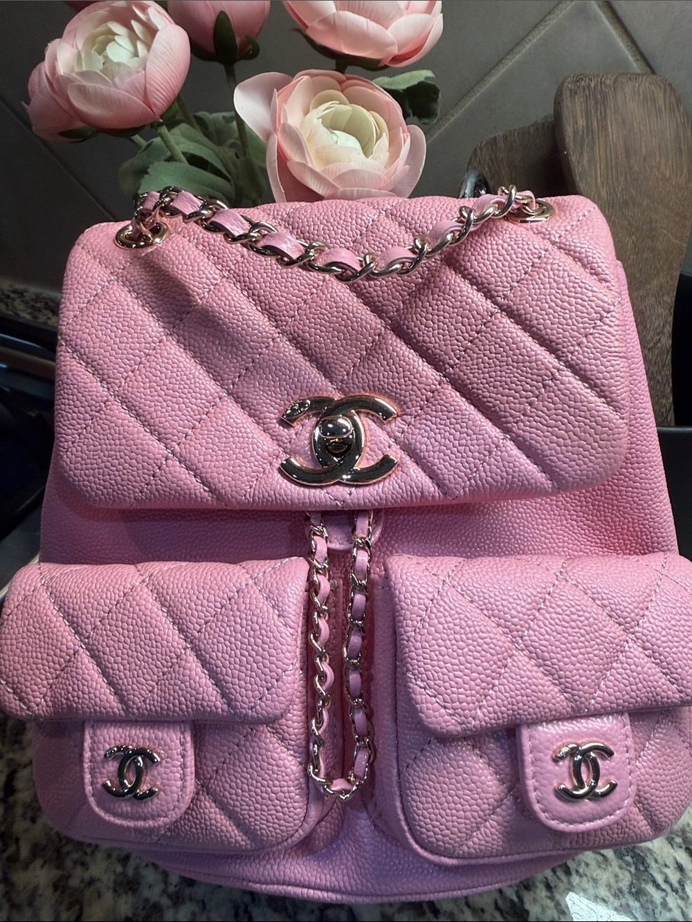 Pink Quilted Caviar Leather Backpack with Chain